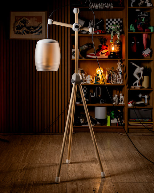 Adjustable wooden floor lamp with natural dowel frame, 3D printed joints and hanging shade