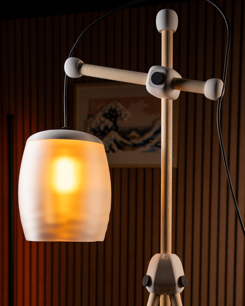 Adjustable wooden floor lamp with natural dowel frame, 3D printed joints and hanging shade, view 2