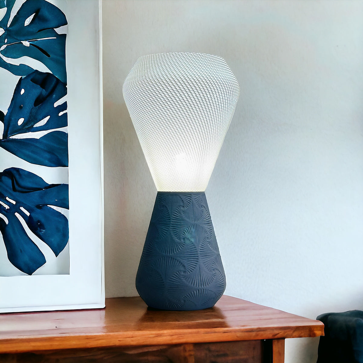 SOAR tall table lamp with woven shade and textured base, view 3