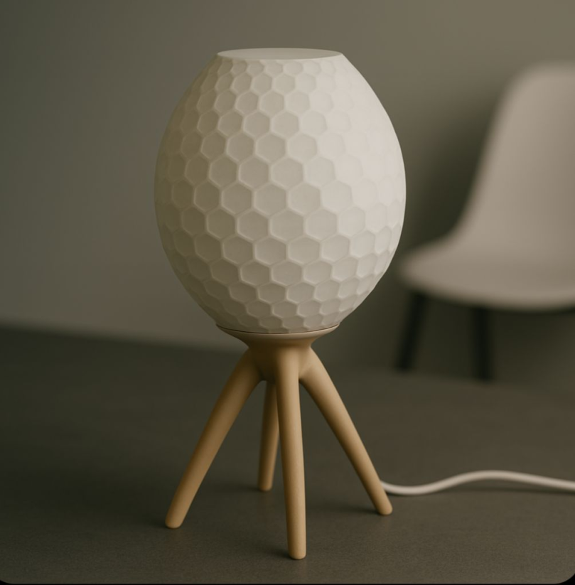 Pollen table lamp with honeycomb-textured shade on tripod base, view 4