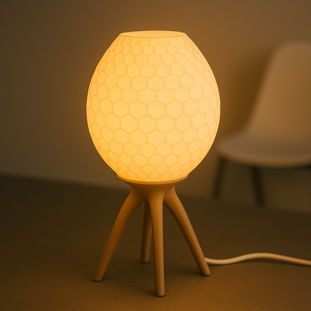 Pollen table lamp with honeycomb-textured shade on tripod base